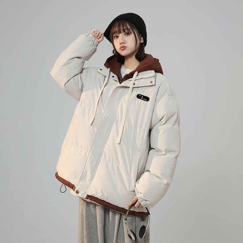 Korean Version New Fashion Letter Patch Fake Two Piece Cotton-padded Jacket Y2K Harajuku Vintage Thick Bread Loose Student Coats