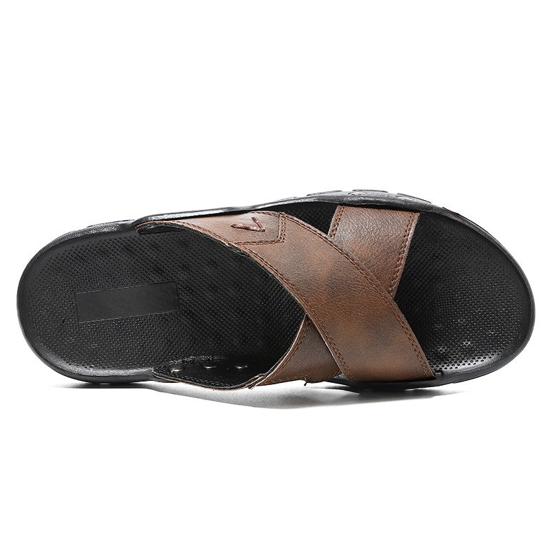 Men's Summer Sandals High Quality Leather Shoes, Extra Large Antiskid Lightweight Slip-On Beach and Hotel Footwear, Size 38-48