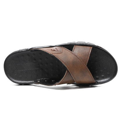 Men's Summer Sandals High Quality Leather Shoes, Extra Large Antiskid Lightweight Slip-On Beach and Hotel Footwear, Size 38-48