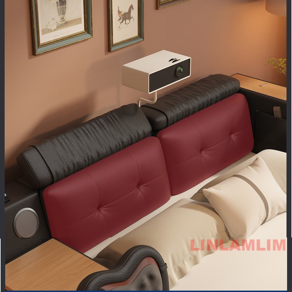Luxury Tech Smart Multifunctional Bed with Massage Chair, Bluetooth Speakers, Projector, USB – Modern Upholstered King Size Bed