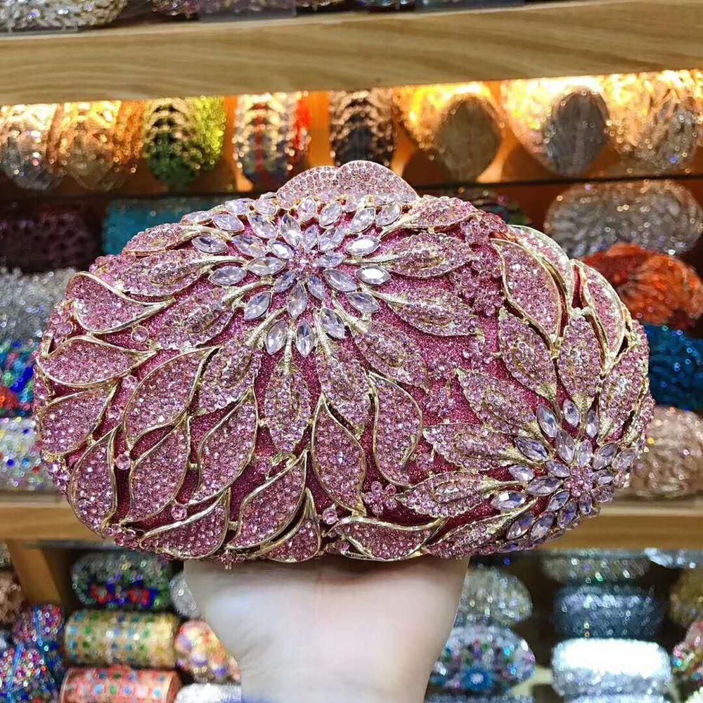 XIYUAN women red/pink/blue/gold/silver Hollow Out Flower Birthday party Crystal Evening bag Clutch purse Minaudiere Handbags