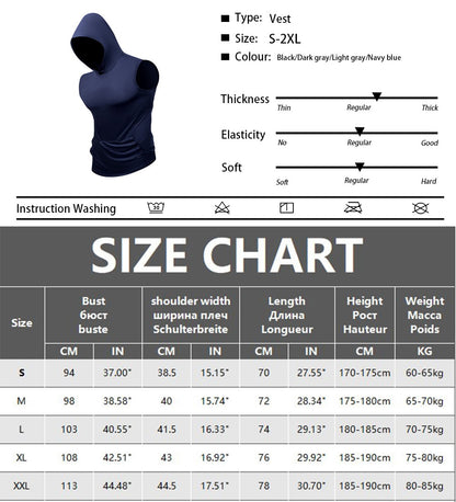 Men's Quick Dry Vest with Hoodies Solid Color GYM Tank Top Tees Summer Men's Sleeveless Pullover Fitness Swimming Running Shirt