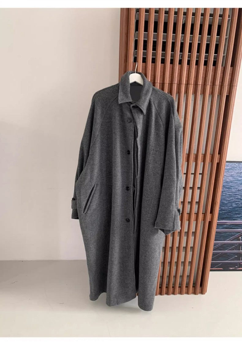 Mauroicardi Autumn Winter Long Warm Grey Black Slouchy Woolen Coat Men Single Breasted Loose Casual Wool Blends Overcoat 2023