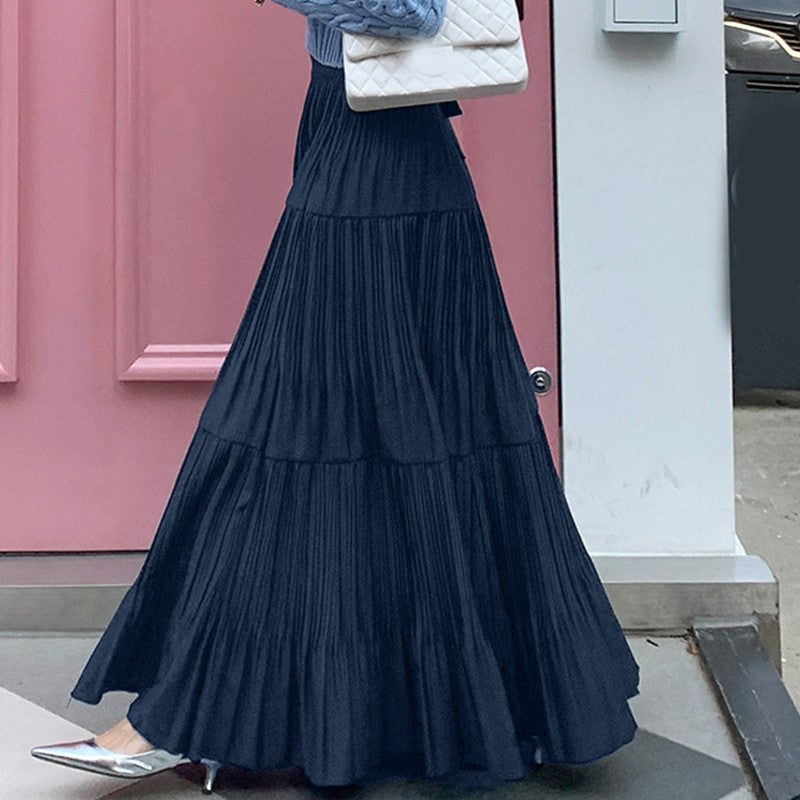 ZANZEA Plus Size 5XL Women Maxi Skirts 2025 Autumn Elastic Waist Pleated Long Skirt Casual Solid Color High Waist Ruffled Skirts