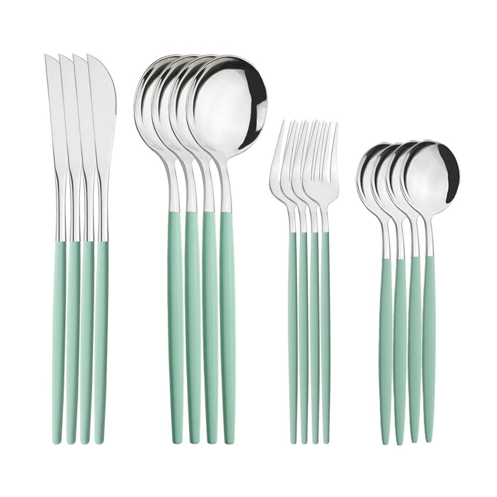 Conjunto de 16 talheres de aço inoxidável Verde Menta, facas, garfos, colheres de sobremesa para casa, jogo de talheres para cozinha