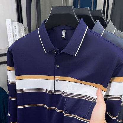 High quality stripe men's long sleeve polo shirt fashion luxury pocket middle-aged business casual color blocked comfort T-shirt