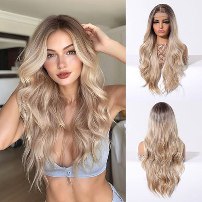 HENRY MARGU Peruca Sintética Lace Front 13x6 Peruca Longa Castanho Cinza Cabelo Ondulado Natural para Uso Diário Peruca de Fibra de Alta Temperatura