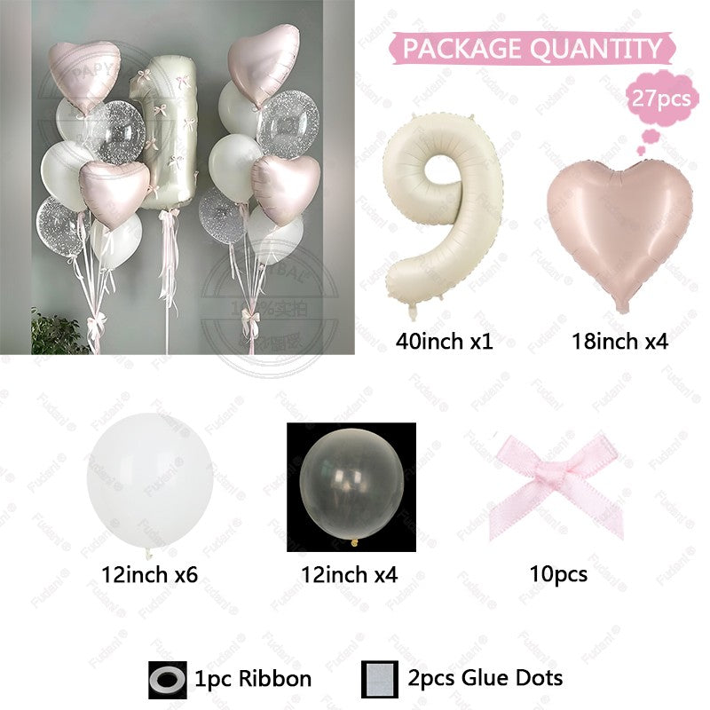 32inch Pink Bows Number Balloons Cream White Beige Number Foil Balloons Pink Bows For Birthday Coquette Themed Party Decor