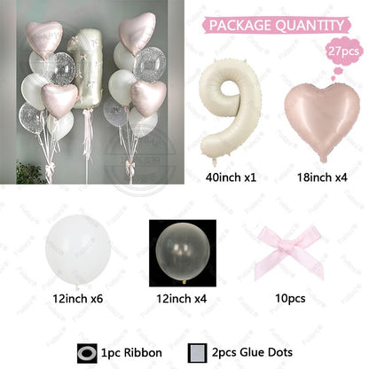 32inch Pink Bows Number Balloons Cream White Beige Number Foil Balloons Pink Bows For Birthday Coquette Themed Party Decor