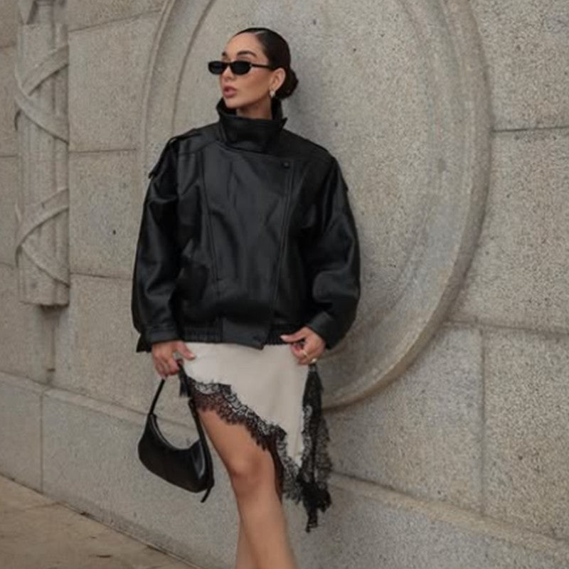 HXAO Faux Leather Jacket Coat Demi-Season Black Bomber Jacket Outerwears Long Sleeve Snap Button Cropped Motorcycle Jacket