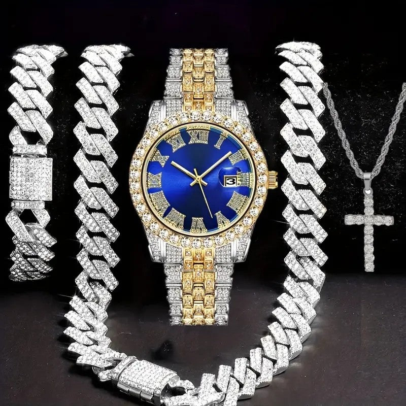 4pcs/set Mens Bling Wrist Watch & Hip Hop Cuban Chain Necklace Set - Rhinestone Accented, Round Dial, Electronic Quartz Movement