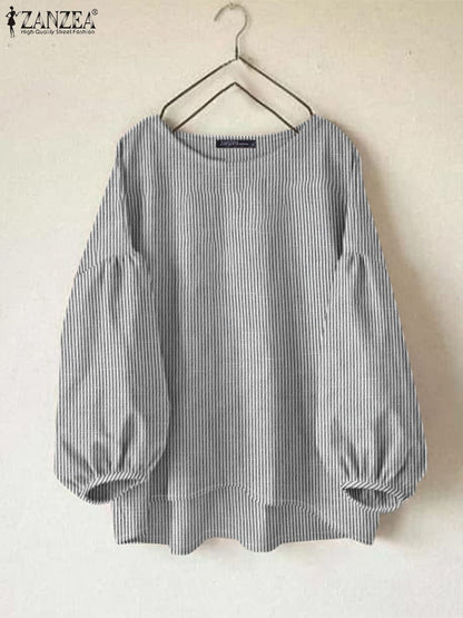 ZANZEA Fashion Striped Work OL Blouse Women Casual O Neck Long Sleeve Loose Shirt Stylish Blusas Vintage Chemise Autumn Tops