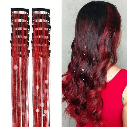 Pacote de 12 Unidades de Cabelo Extensor com Presilha, Tinsel Colorido com Brilho, Extensões de Cabelo de Fada, Acessório Cintilante para Festa de Mulheres, Meninas e Crianças