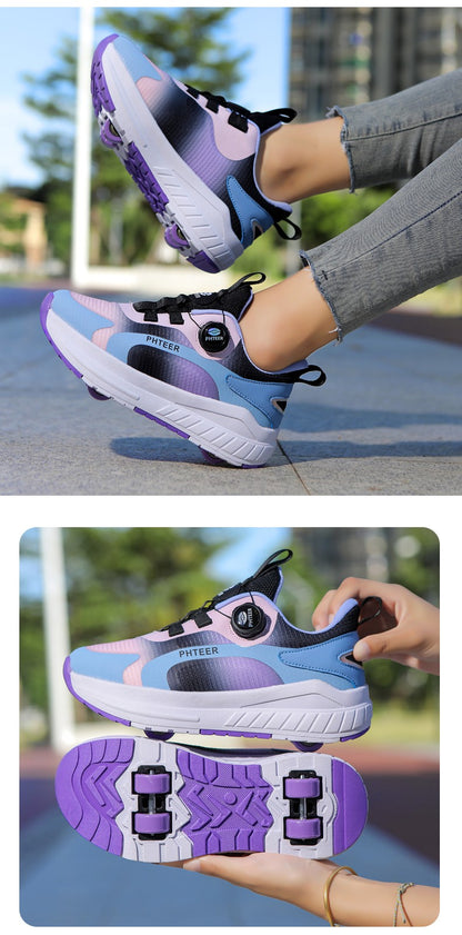 Kids Two Wheels Roller Skating Shoes With Light Magic Stick Walking Shoes Detachable Wheels Roller Skate Shoes For Teenagers