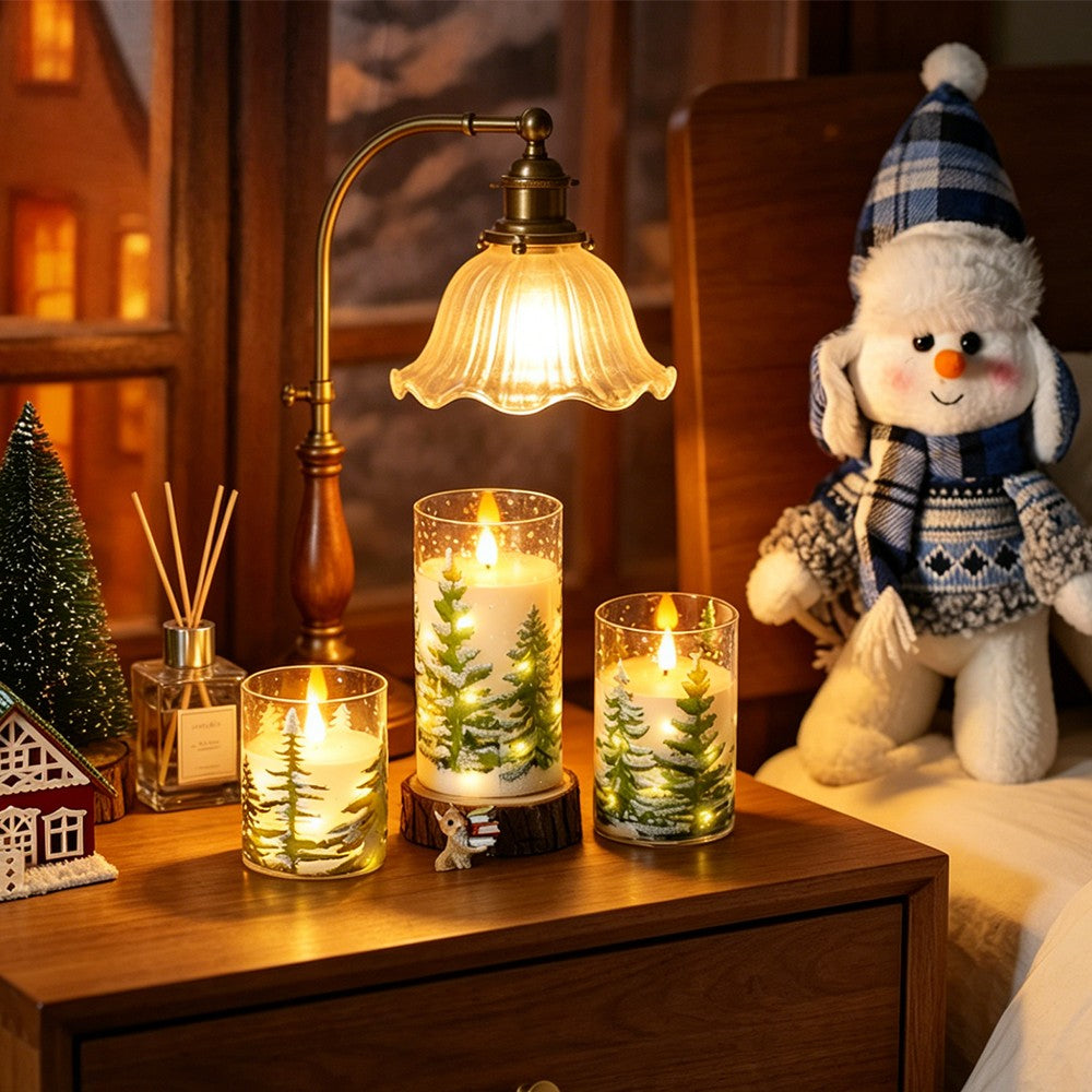 3in Glass Paraffin Built In String Light Print LED Flameless Candle 2AA Battery Remote Control Christmas Candle Decor Lighting