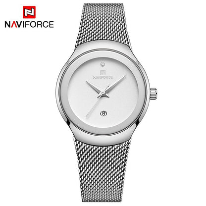 NAVIFORCE Luxury Green Analog Date Quartz Fashion Ladies Watches Mesh Steel Strap Waterproof Business Women Wristwatch Clocks