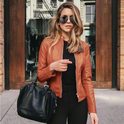 New Women Slim Faux Leather Jacket High Street Classic Moto Biker PU Leater Jacket New Spring Autumn Basic Zipper Coat Outerwear