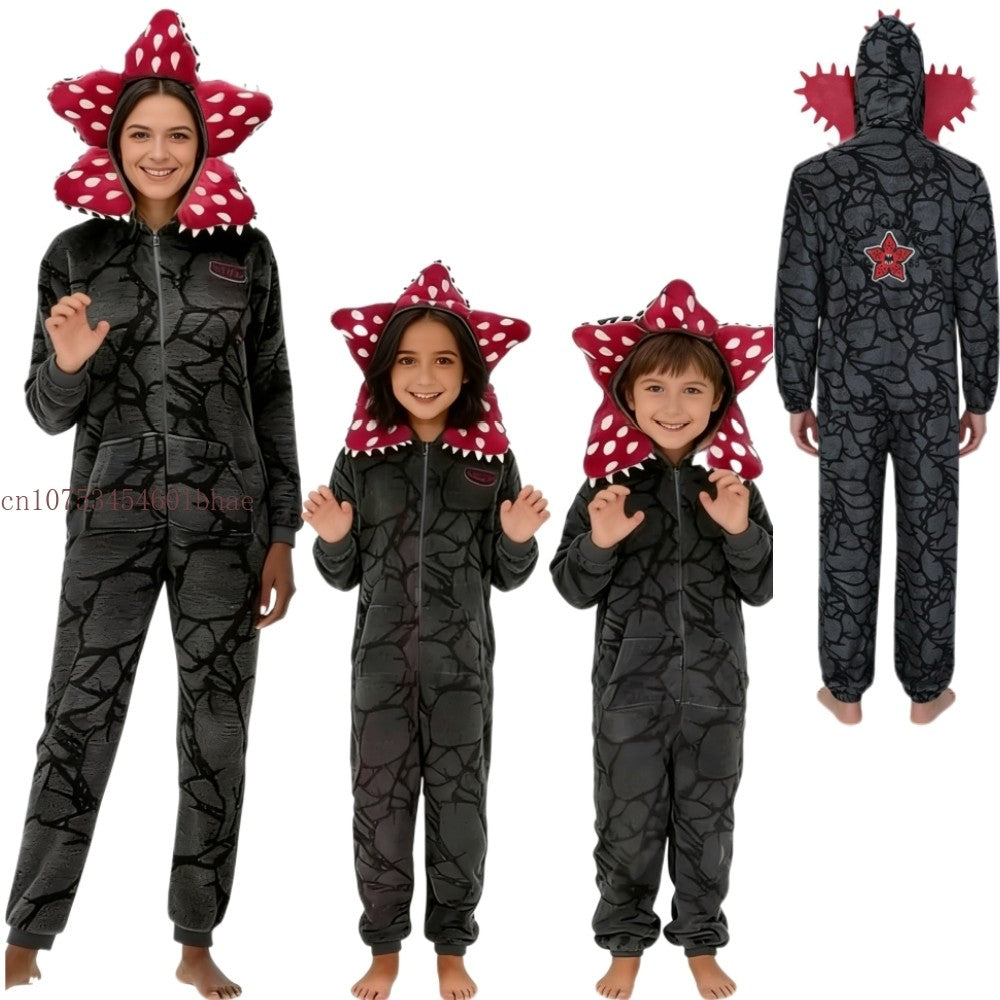 Adult Kids Cannibal Flower Demogorgon Onesie Cosplay Costume Boys Girls Winter Thicken Flannel Fabric Pajamas Halloween Suit