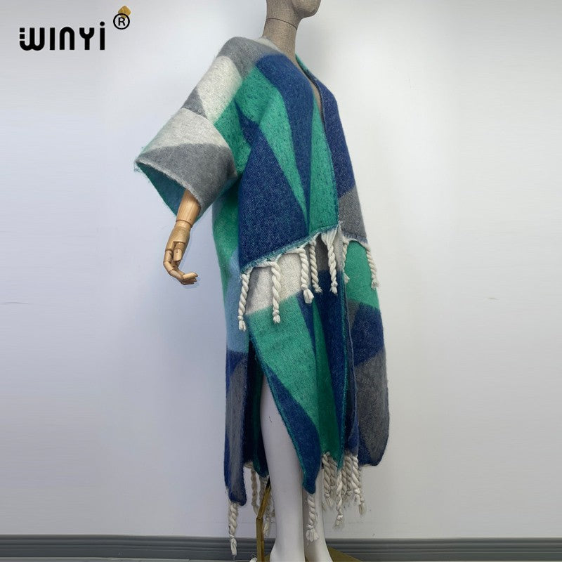 2022 WINYI Winter Women tassel Cardigan coat Loose Christmas dress robe longue Thick Warm free size Middle East Female Kaftan