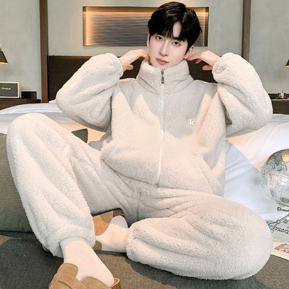 New Men's High Neck Large Size Loose Plush Loungewear Autumn and Winter Thick Warm Flannel Pajamas Can Worn Outside Coral Fleece
