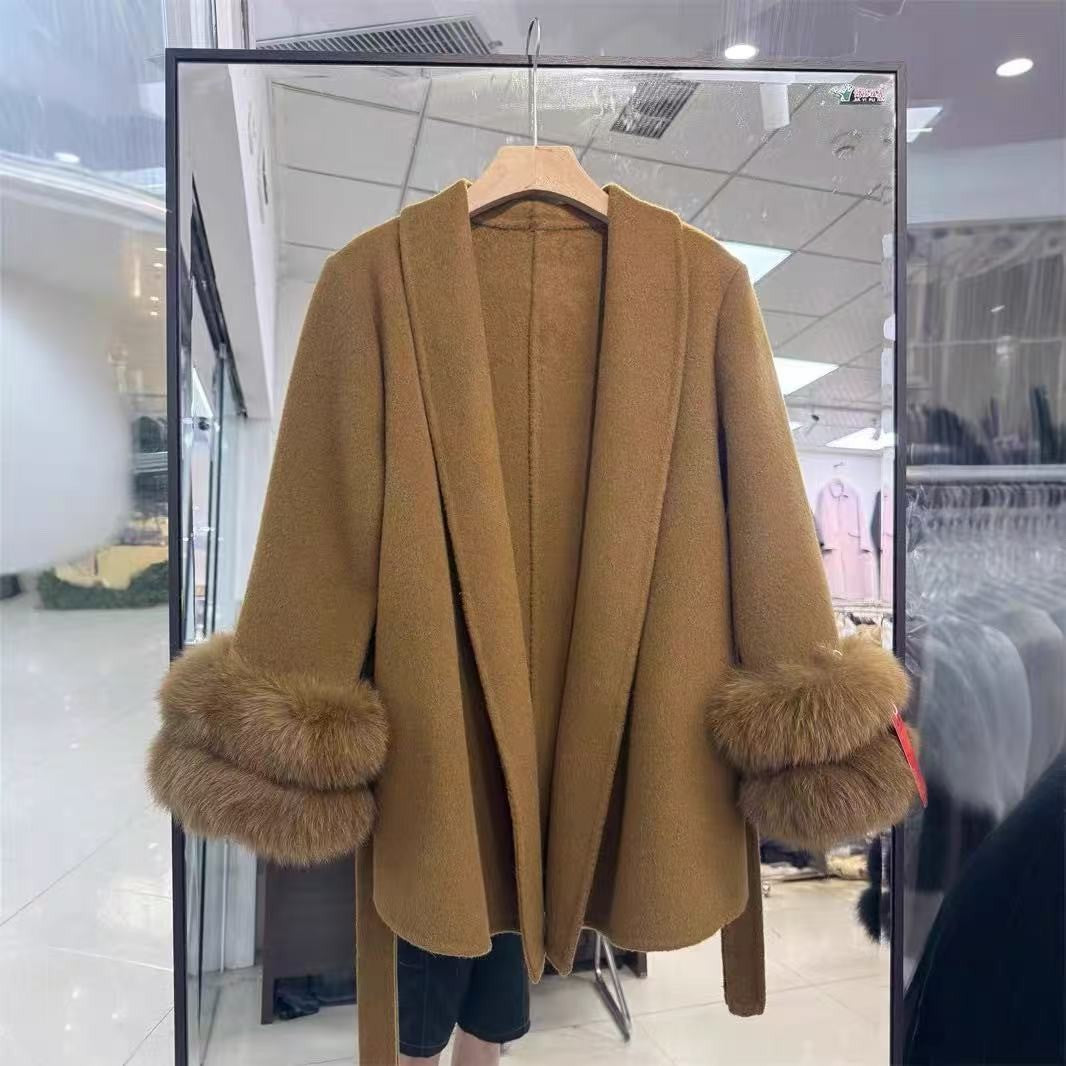 UCXQ Casaco Feminino Elegante OL para Escritório com Retalhos de Pelo Manga Comprida Lã Jaqueta de Roupa Feminina Bonita Outono Inverno 2025