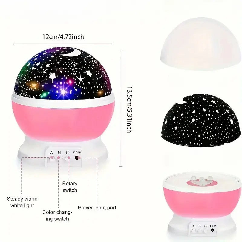 Projetor de luz noturna estrelada alimentado por USB com lua e estrelas – giratório em 360°, 9 modos de cores