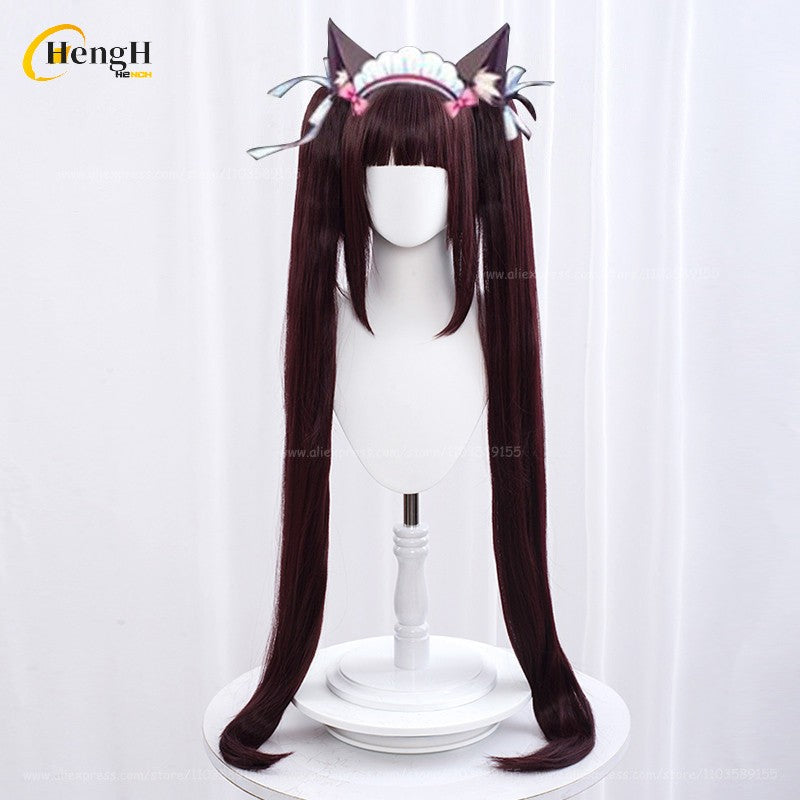 Em estoque Anime Vanilla Chocolat Chocola Cabelo Sintético Longo 100cm Perucas Cosplay Com Orelha Perucas de Festa Resistentes ao Calor + Touca de Peruca
