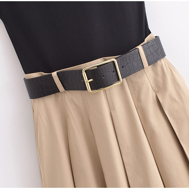 Fashion Patchwork Pleated Long Dress With Belt Women Chic Sleeveless Tank Maxi M