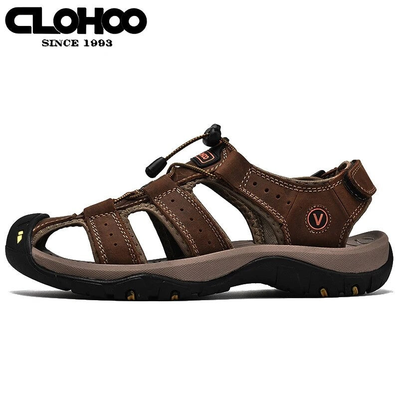 Fashion Men Genuine Leather Shoes 2025 Summer Non Slip Outdoor Water Walking Hiking Trekking Shoes Comfortable Casual Sneakers