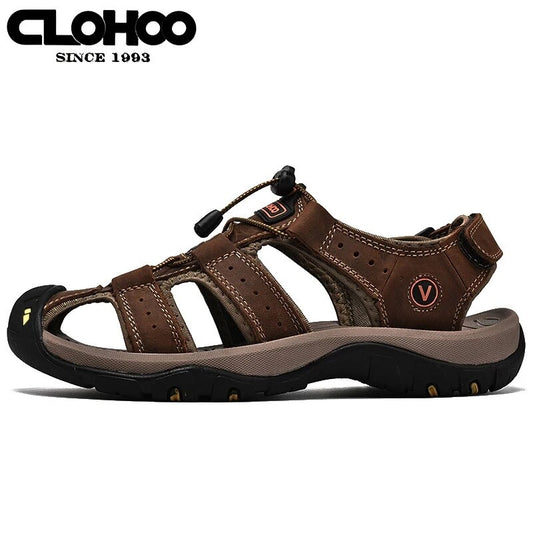 Fashion Men Genuine Leather Shoes 2025 Summer Non Slip Outdoor Water Walking Hiking Trekking Shoes Comfortable Casual Sneakers