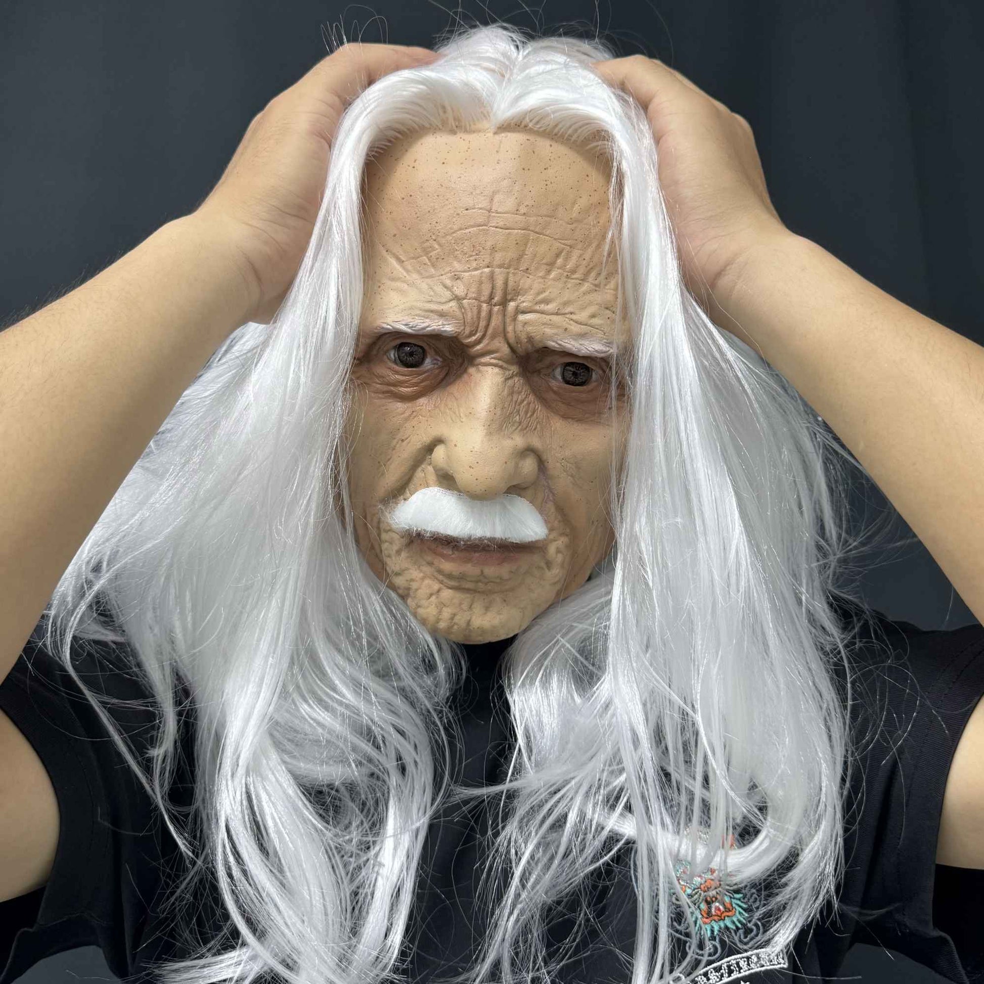 Realistic Old Man Latex Mask with Long White Hair & Mustache – Full Head Cosplay Helmet for Halloween Costume Party Props