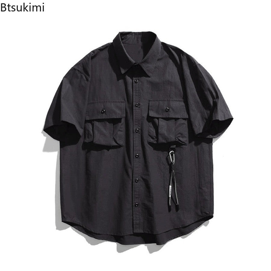 Men's Japanese Style Cargo Shirts Vintage Laple Short Sleeve Shirts 2025 Spring Summer Loose Casual Shirt Jacket Male Streetwear