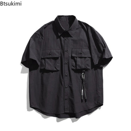 Men's Japanese Style Cargo Shirts Vintage Laple Short Sleeve Shirts 2025 Spring Summer Loose Casual Shirt Jacket Male Streetwear