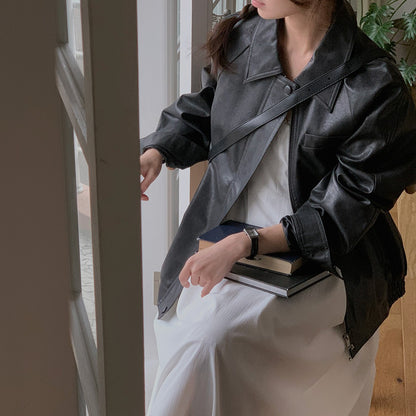 Sli Loose PU Leather Jaet Women's Chic Retro Collar Versatile BF Sle Motorcycle Clothes Trendy Long Sve Zipper