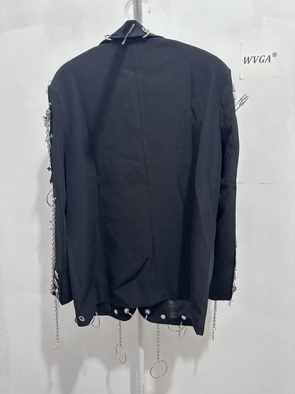 WVGA Spring Autumn New Men Y2K Dark Techwear Gothic Chain Design Blazer Punk Rock Heavy Beaded Niche Chic Casual Suit-Coat W8497