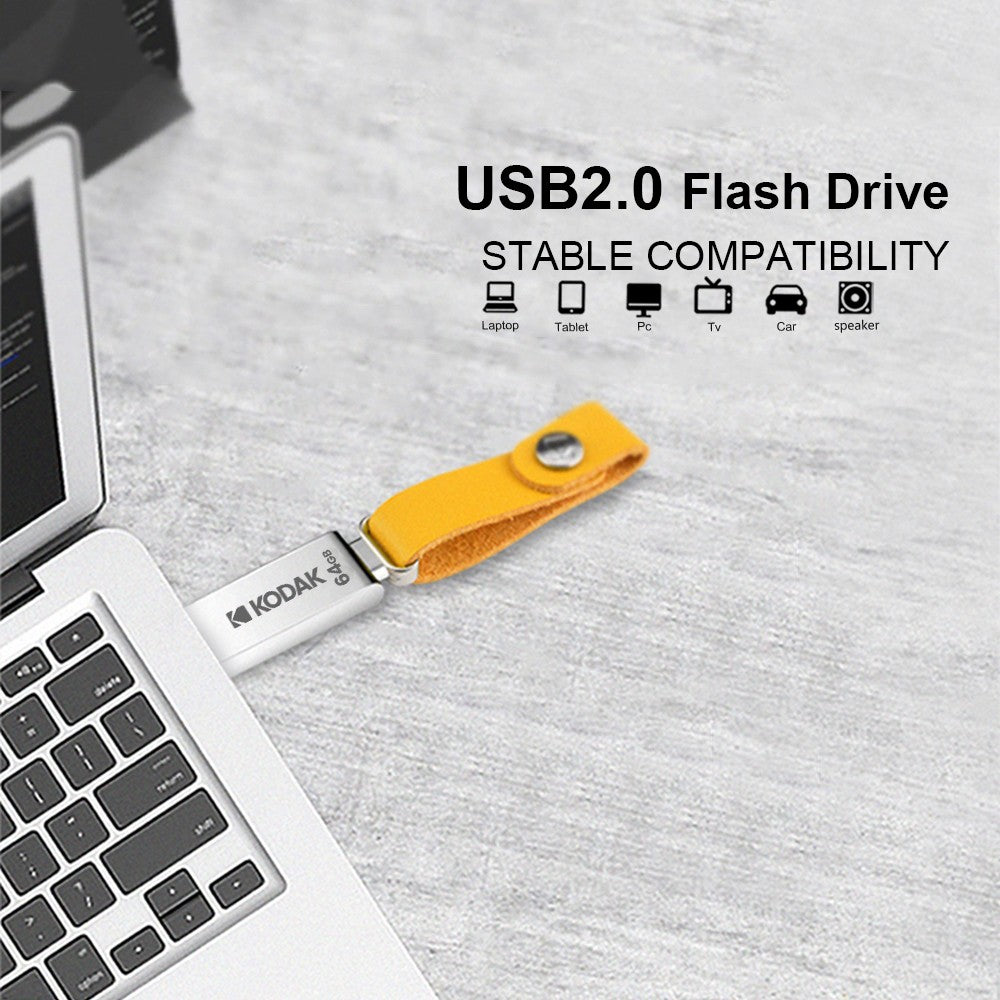 Pen Drive USB KODAK K122 de Metal 2.0 de Alta Velocidade 32GB/64GB/128GB Mini U-Disk Memory Stick com Alça para PC e Carros