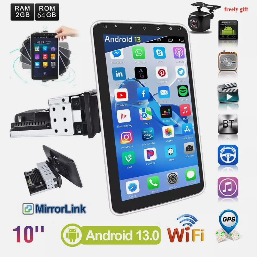 Rádio Estéreo de Carro com Tela Sensível ao Toque Rotativa de Alta Qualidade de 10,1 polegadas Android 13 2+64G 1 DIN GPS Navi BT FM RDS WIFI USB EQ SWC com Microfone