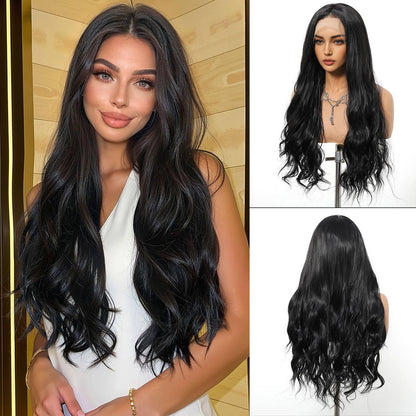 HENRY MARGU Peruca Frontal Lisa Ondulada Marrom Mista Longa Peruca Sintética Natural Ondulada 13x4 Frontal de Renda Cabelo Falso para Mulheres Raiz Escura