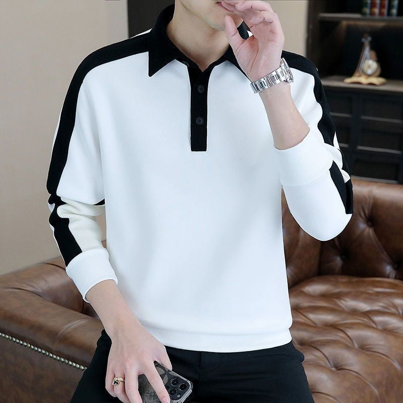 Contrast Patchwork Plus Size Korean Hoodies Sweatshirts Men Clothes Spring Autumn Polo Neck Long Sleeve Casual Top Fashion Trend