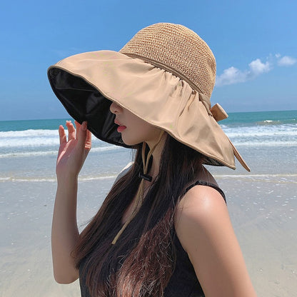 Summer Sun hat women's straw woven anti ultraviolet sun visor hat with big brim seaside black glue breathable Bucket hat sun hat