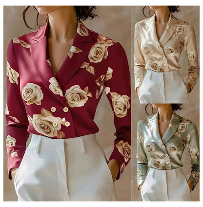 Fashion Flower Print Shirts For Women 2025 Autumn Winter Long Sleeve Turn-down Collar Loose Blouses Tops Elegant