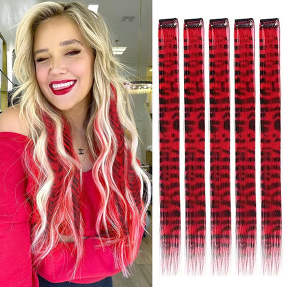 Faixa Sintética Estampada com Presilha Cabelo Colorido Longo Liso Pedaços de Cabelo com Presilha Extensões para Uso Diário ou Natal