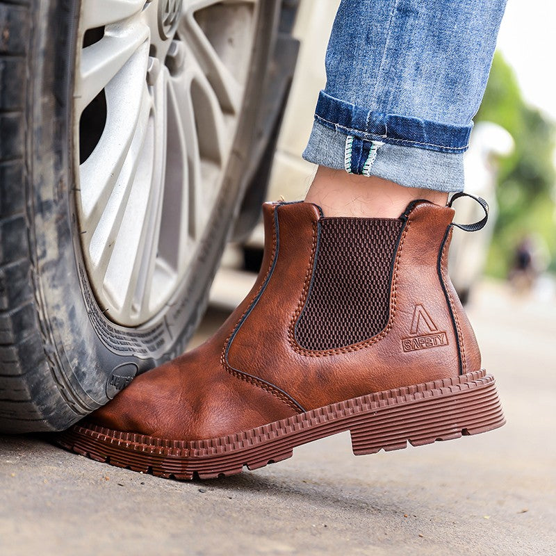 Sapatos de Segurança Impermeáveis Masculinos com Biqueira de Aço Botas de Couro Calçado Masculino Sapatos de Trabalho Indestrutíveis para Construção Marrom
