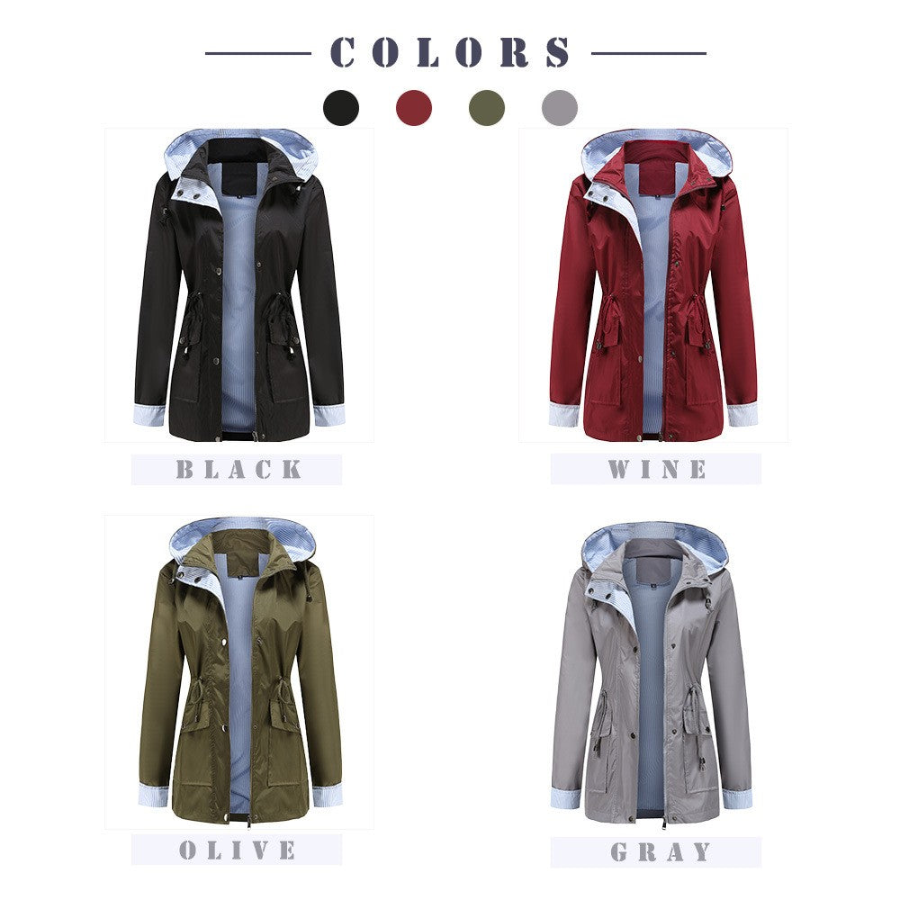 Purple Hooded Jacket for Spring 2025 Women's Office Fashion Women Outerwear Hat with Removable Waist Drawstring Water Proof