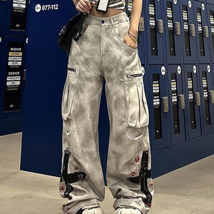 American Street Gothic Graffiti Print Pocket Jeans Women Retro Distressed Loose Fashion Street Casual High Waist Wide Leg Jeans
