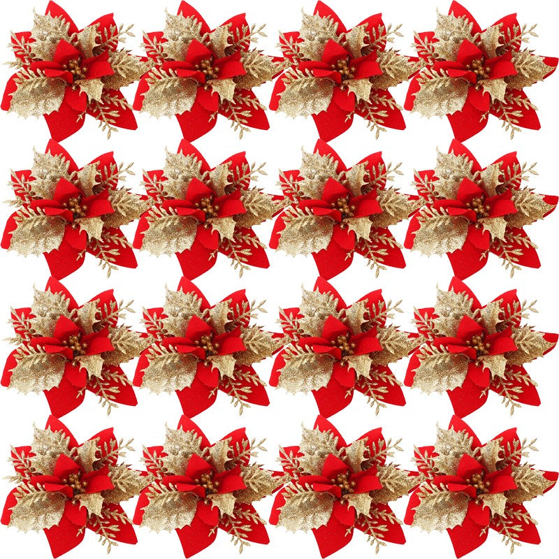 10PCS Glitter Artificial Christmas Flowers for Xmas Tree Ornament Fake Flower Floral with Clips New Year Party Home Decoration