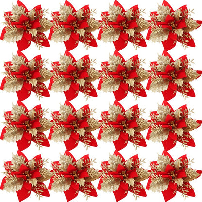10PCS Glitter Artificial Christmas Flowers for Xmas Tree Ornament Fake Flower Floral with Clips New Year Party Home Decoration