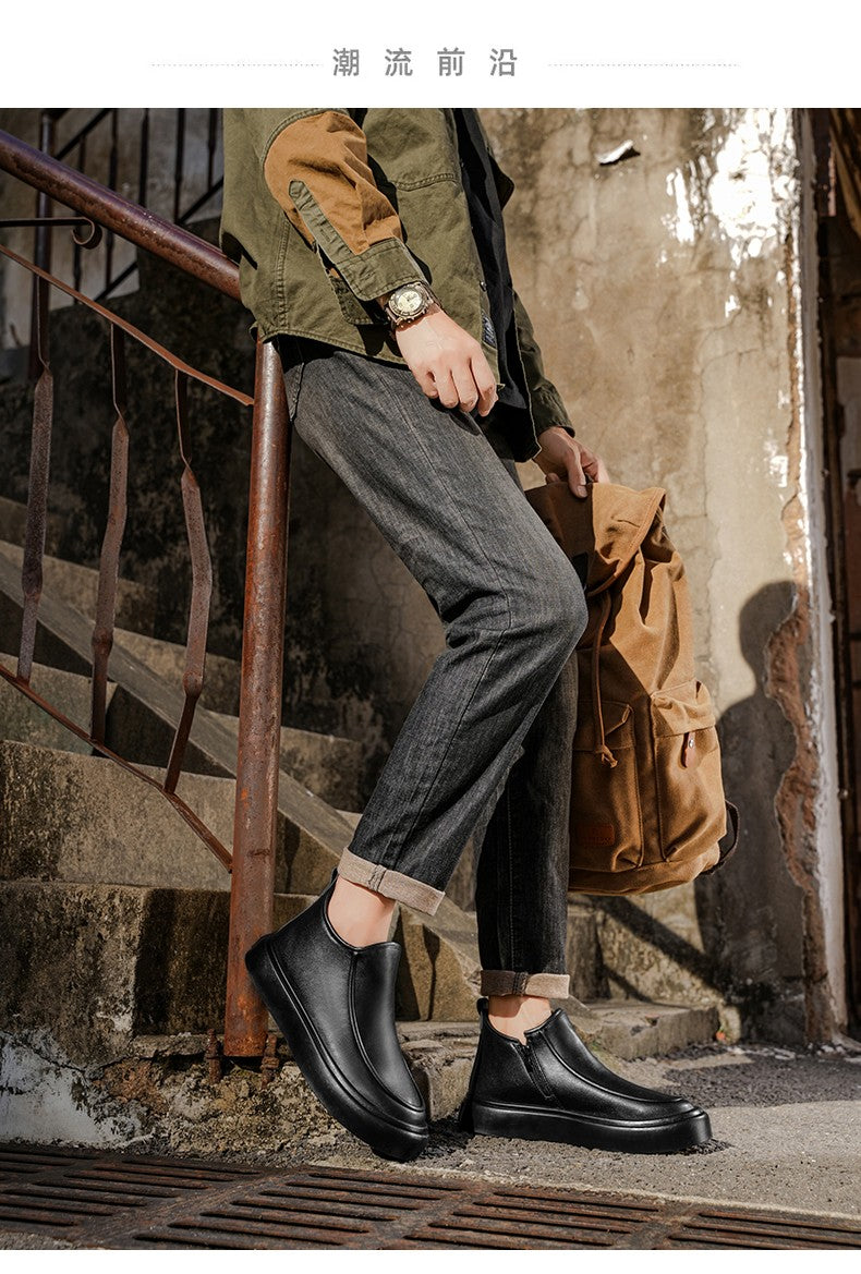 2025 Autumn New Leather Short Boots, Mid-calf Zipper Casual Outdoor Shoes, Anti-slip and Wear-resistant Men's Work Boots