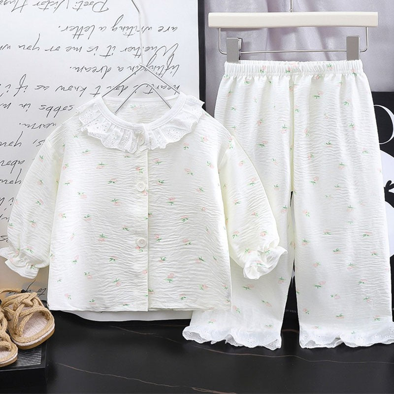 Kids Home Clothes 2Pcs Set Baby Loose Pajamas Fashion Girl Lace Floral Print Sleepwear Children Air Conditioner Long Sleeve Pant