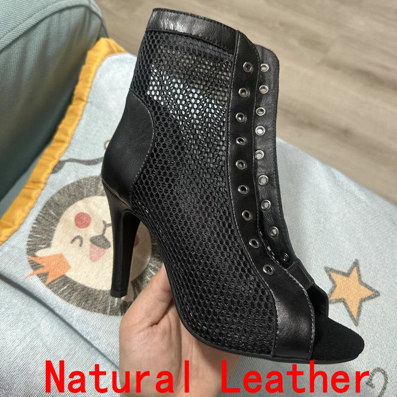 Novas Sandálias Femininas de Salto Alto Sexy Vazadas em Tela Tendência da Moda Verão Conforto Peep Toe Botas Stilettos Jazz Dance Tamanhos Grandes